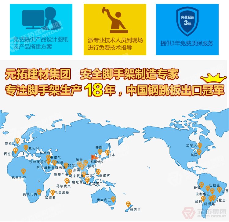 元拓建材集團，安全腳手架制造專家！專注腳手架生

產(chǎn)18年，中國鋼跳板出口冠軍！